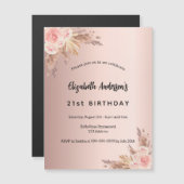 Invitation Magnétique Anniversaire rose or pampas herbe fleurie luxe (Devant / Derrière)
