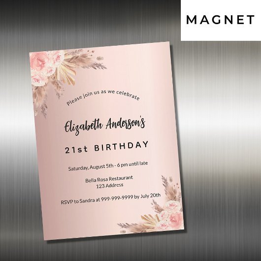 Invitation Magnétique Anniversaire rose or pampas herbe fleurie luxe