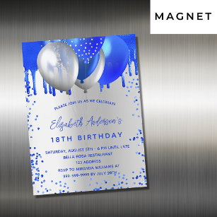 Invitation Magnétique Anniversaire royal bleu argent ballons luxe
