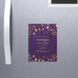 Invitation Magnétique Anniversaire violet or étoiles luxe<br><div class="desc">Une invitation magnétique moderne, élégante et glamour pour une fête d'anniversaire de 40ème (ou tout âge). Un arrière - plan de couleur violet foncé aux faux étoiles dorées. La couleur violette est inégale. Le nom est écrit avec un script de style moderne écrit à la main. Personnalisez et ajoutez les...</div>
