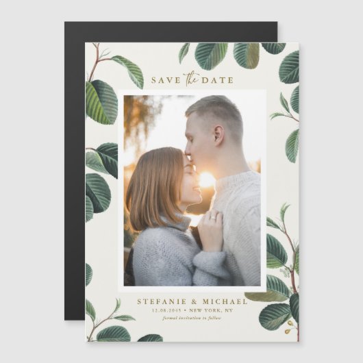 Invitation Magnétique Aquarelle Feuille photo Botanique Enregistrer la d (Devant / Derrière)