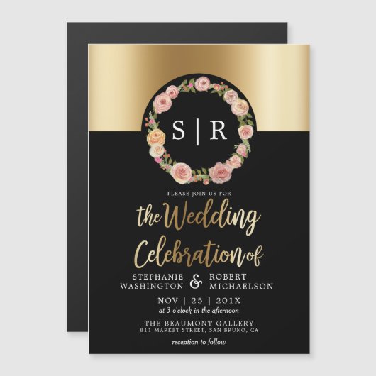 Invitation Magnétique Aquarelle florale Wreath Gold & Black Mariage (Devant / Derrière)