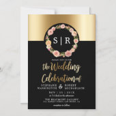 Invitation Magnétique Aquarelle florale Wreath Gold & Black Mariage (Recto)