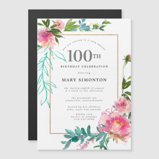 Invitation Magnétique Aquarelle rose Peony Floral 100e anniversaire (Devant / Derrière)