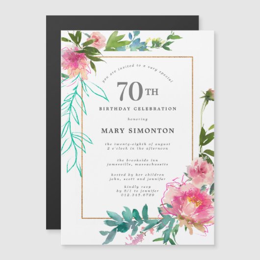 Invitation Magnétique Aquarelle rose Peony Floral 70e anniversaire (Devant / Derrière)