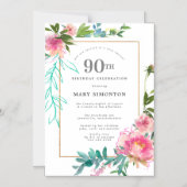 Invitation Magnétique Aquarelle rose Peony Floral 90e anniversaire (Recto)