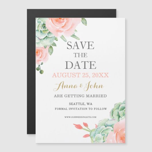 Invitation Magnétique Aquarelle Succulent Blush Floral Élégant Mariage (Devant / Derrière)