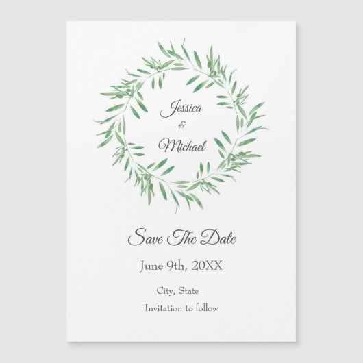 Invitation Magnétique Aquarelle Vert Olive Wreath Enregistrer La Date (Devant)