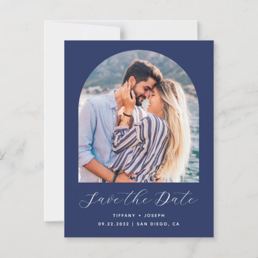 Invitation Magnétique Arc Boho minime photo bleu marine Script (Recto)