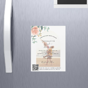 Invitation Magnétique Arche photo rose Floral or code QR luxe mariage