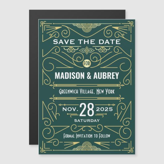 Invitation Magnétique Art Déco Enregistrer la date Mariage Elegant Gold (Devant / Derrière)