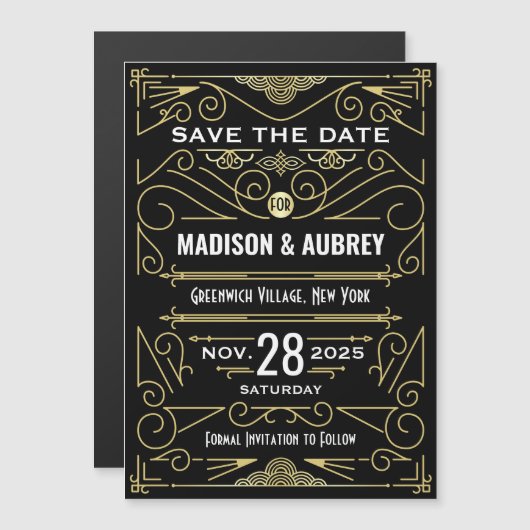 Invitation Magnétique Art Déco Enregistrer la date Mariage Elegant Gold  (Devant / Derrière)