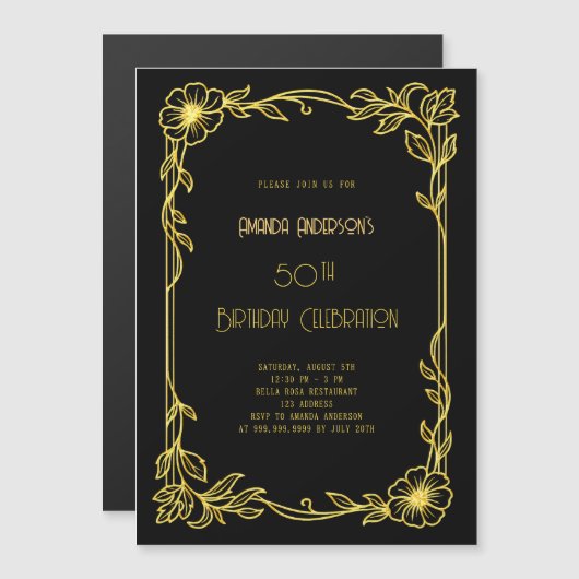 Invitation Magnétique Art Deco Gatsby black gold birthday (Devant / Derrière)
