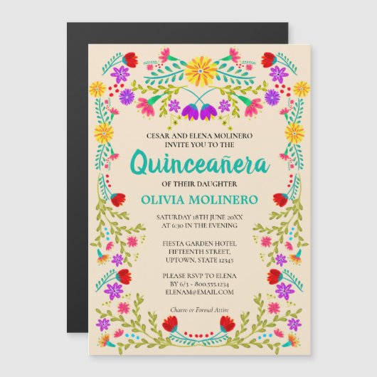 Invitation Magnétique Artisanat Mexicain Fleurs Champagne Quinceanera (Devant / Derrière)
