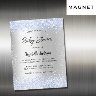 Invitation Magnétique Baby shower argent bleu garçon confetti luxe