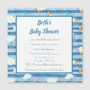 Invitation Magnétique Baby shower bébé garçon, bleu, montgolfière