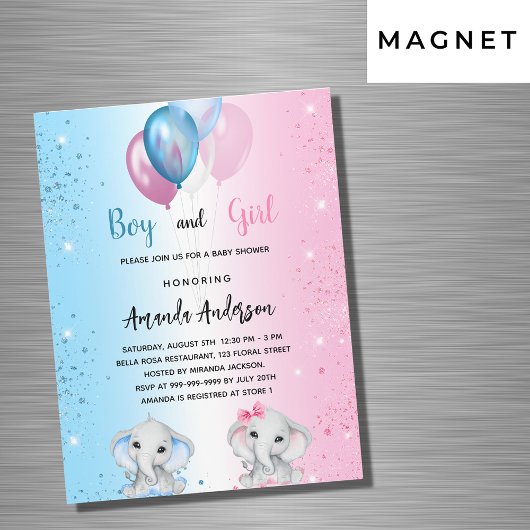 Invitation Magnétique Baby shower bleu rose garçon fille éléphants luxe