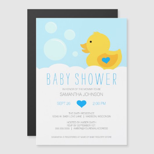 Invitation Magnétique Baby shower de bain en caoutchouc Ducky Bubble Boy (Devant / Derrière)