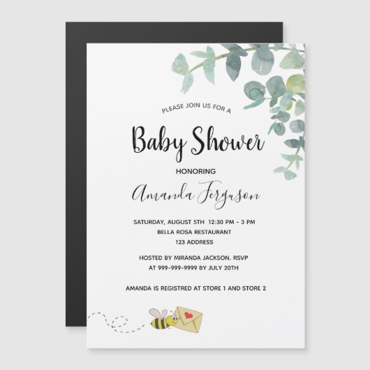 Invitation Magnétique Baby shower eucalyptus verdure abeille mignonne (Devant / Derrière)