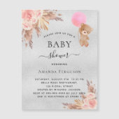 Invitation Magnétique Baby shower fille pampas herbe teddy argent luxe (Devant)