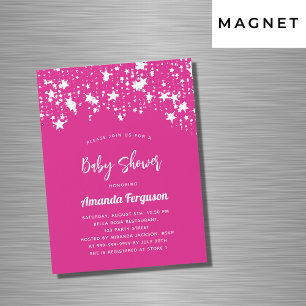 Invitation Magnétique Baby shower hot rose blanc étoiles fille luxe