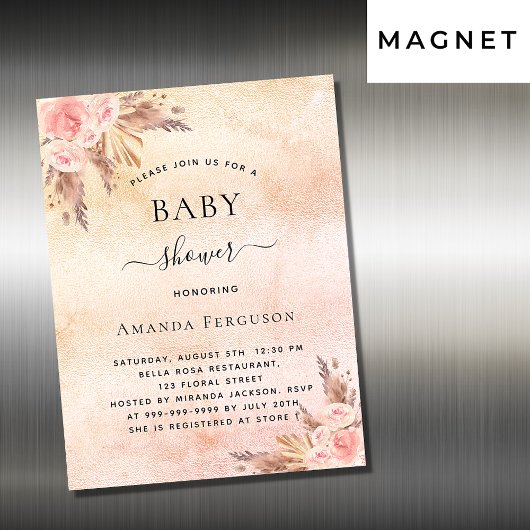 Invitation Magnétique Baby shower pampas herbe fleurie boho luxe