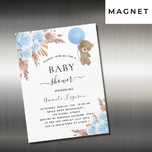 Invitation Magnétique Baby shower pampas herbe ours en peluche bleu luxe