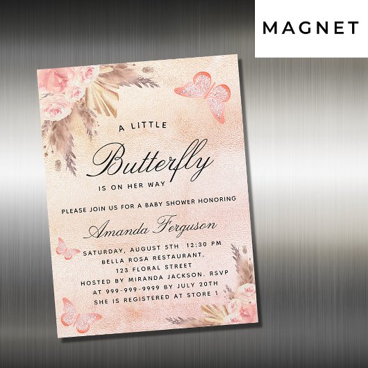 Invitation Magnétique Baby shower papillon blush pampas herbe fille