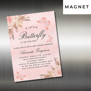 Invitation Magnétique Baby shower papillon fille pampas rose luxe