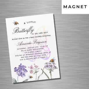 Invitation Magnétique Baby shower papillon fleur sauvage violet luxe