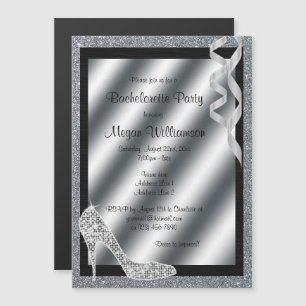 Invitation Magnétique Bachelorette Silver Glittery Stiletto & Streamers