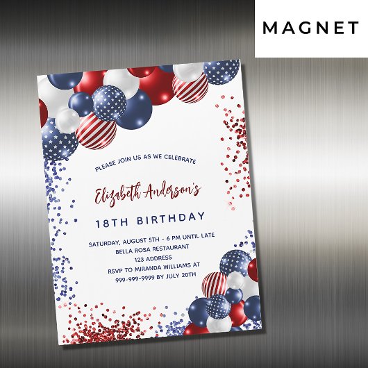Invitation Magnétique Ballons d'anniversaire Patriotique rouge bleu blan
