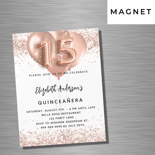 Invitation Magnétique Ballons d'or rose Quinceanera luxe blanc