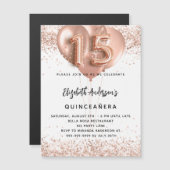 Invitation Magnétique Ballons d'or rose Quinceanera luxe blanc (Devant / Derrière)