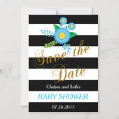 Invitation Magnétique Bandes noires et blanches| Flore bleue| Baby showe (Recto)