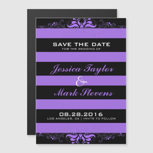 Invitation Magnétique Bandes Noires Et Violettes & Dentelles Design Mode (Devant / Derrière)