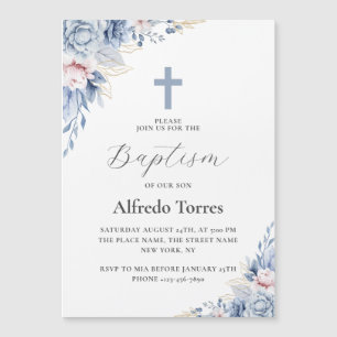 Invitation Magnétique Baptême élégant de bébé aux fleurs bleutées à l'aq