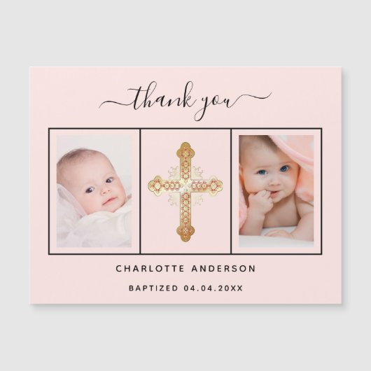 Invitation Magnétique Baptême fille rose photo merci aimant (Devant)