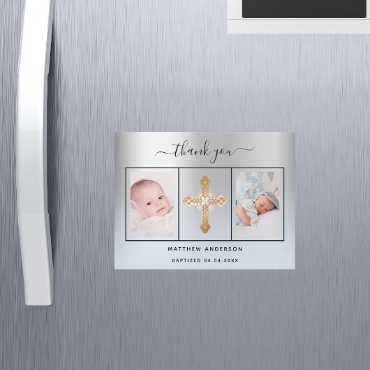 Invitation Magnétique Baptême garçon argent bleu photo merci aimant