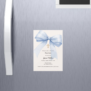 Invitation Magnétique Baptême garçon ruban bleu crème