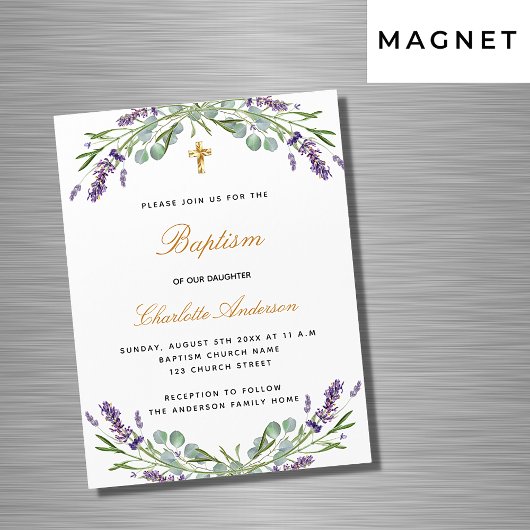 Invitation Magnétique Baptême lavande violet fleuri eucalyptus luxe
