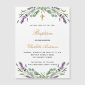 Invitation Magnétique Baptême lavande violet fleuri eucalyptus luxe (Devant)