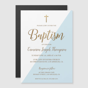 Invitation Magnétique Baptême moderne en or blanc bleu simple
