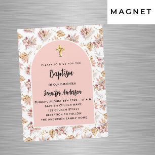 Invitation Magnétique Baptême pampa fleurs rose or rose fille luxe