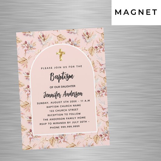 Invitation Magnétique Baptême Pampas fleurs rose or rose luxe