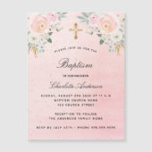 Invitation Magnétique Baptême rose poudré floral luxe (Devant)