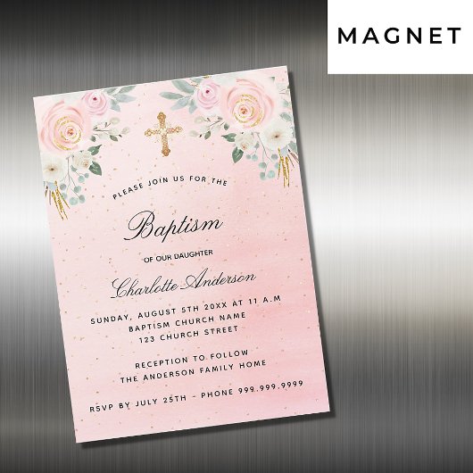 Invitation Magnétique Baptême rose rose floral fille luxe