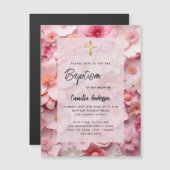 Invitation Magnétique Baptême rose rousse fleurs bébé fille luxe (Devant / Derrière)