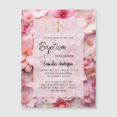Invitation Magnétique Baptême rose rousse fleurs bébé fille luxe (Devant)