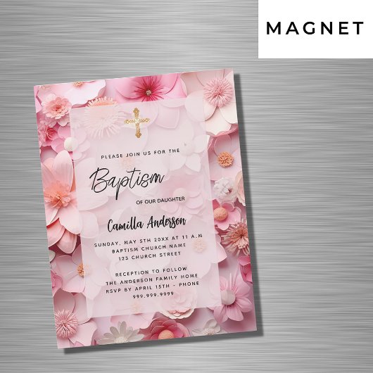 Invitation Magnétique Baptême rose rousse fleurs bébé fille luxe